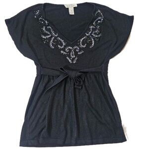 White House Black Market Blouse Womens M Black Kimono Sequin Belted Relaxed